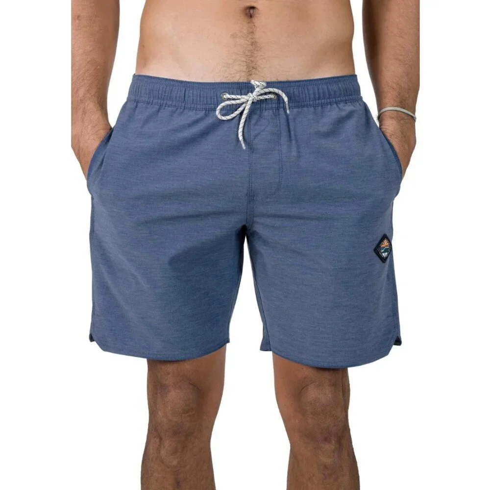 Vissla Men's Solid Sets 17.5” Ecolastic Swim Trunks in Dark Denim Blue, size XL